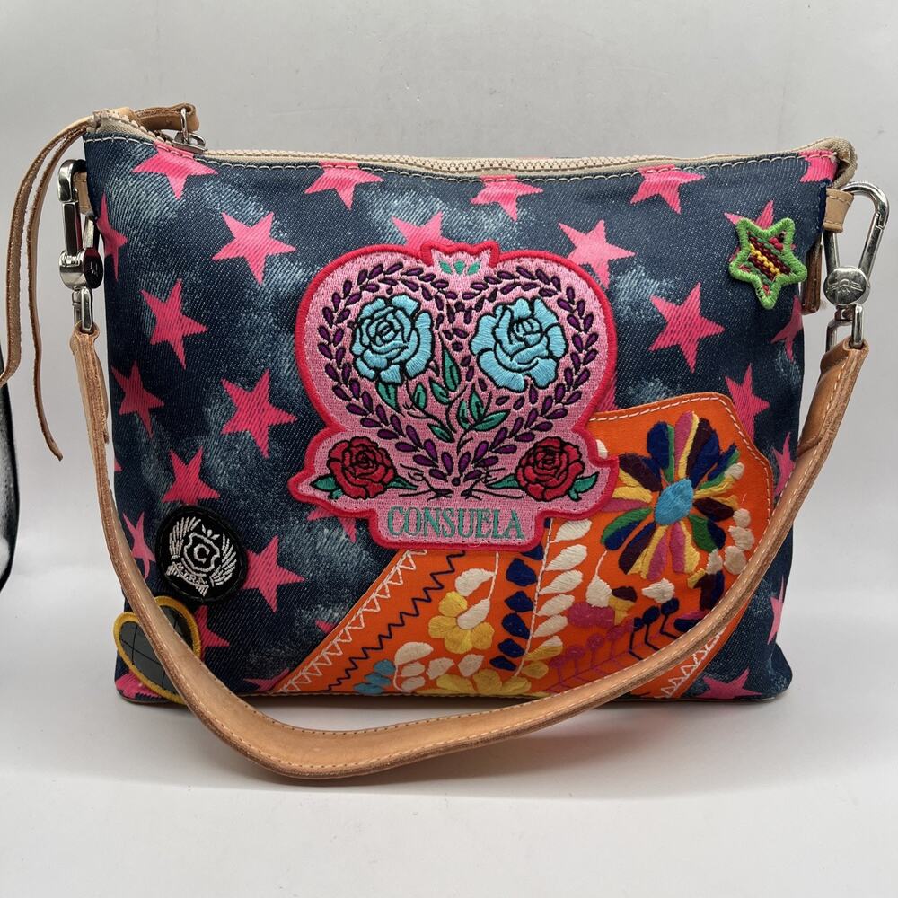 Consuela Denim Leather Multicolor Star Love Heart Pattern Zip Shoulder Bag Y2K